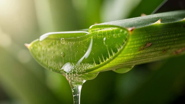 Close up of fresh aloe vera gel dripping from green leaf with natural sunlight background