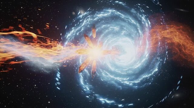 Cosmic energy vortex with glowing crystals and fiery asteroid fragments in outer space galaxy scene