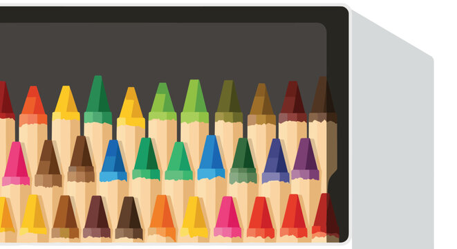 Close up top view of a diverse set of colorful crayons neatly arranged in a box for children art supplies, school education, and creative design.