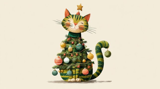 Festive cat christmas tree illustration holiday season decoration isolated