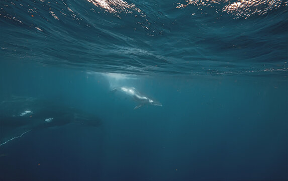 An adult humpback whale swims alongside her young calf in the vast blue ocean depths. Shafts of sunlight filter down from the surface, highlighting the textured skin of the whales.
