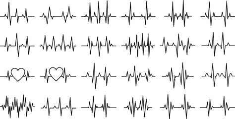 Obraz premium Collection of stylized ECG heartbeat vector waveforms, including medical and symbolic designs with heart motifs, ideal for health graphics, vitality themes, and creative projects.