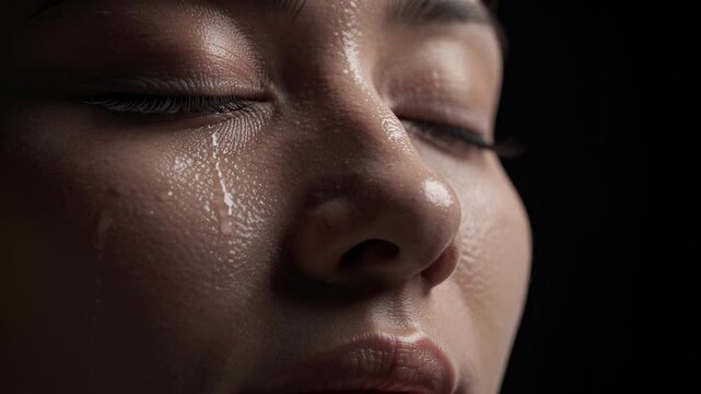 Close up of a young woman with closed eyes and tear rolling down her cheek emotional portrait