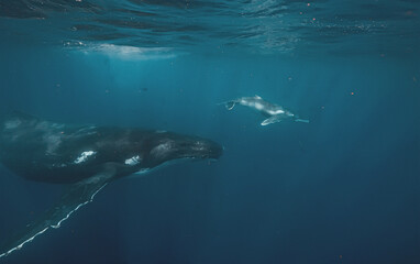 Fototapeta premium Humpback whale mother and calf swimming deep underwater with ray