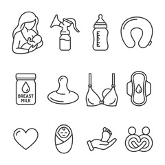 Breastfeeding and newborn care line icons set on white background. © Evectin