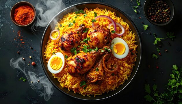 Delicious Chicken Biryani Served in a Bowl with Boiled Eggs and Garnish.