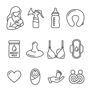 Breastfeeding and newborn care line icons set on white background.
