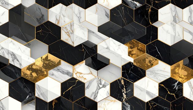 Geometric Hexagonal Marble and Gold Pattern Background.
