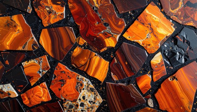 Abstract Mosaic of Polished Tiger Eye Gemstones and Dark Accents.
