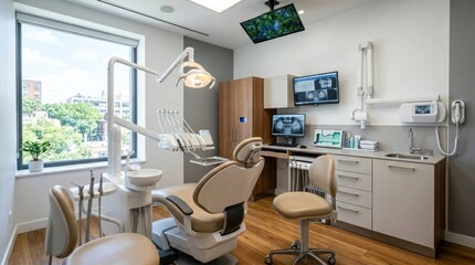 Fototapeta premium Modern Dental Examination Room with Advanced Equipment and Large Window.