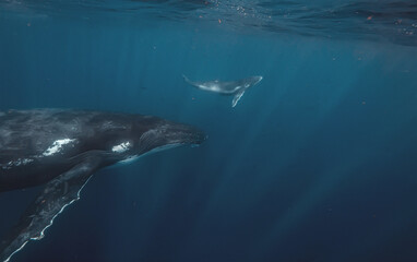 Obraz premium Mother humpback whale and baby swimming together in the deep blu