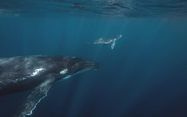 Fototapeta premium Underwater shot of humpback whale family swimming in the open oc