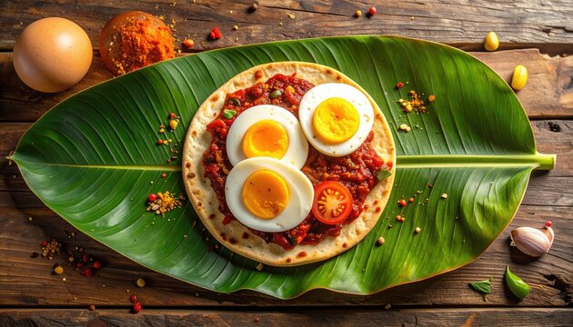 Delicious Egg Curry Served on Banana Leaf with Rustic Wooden Background.