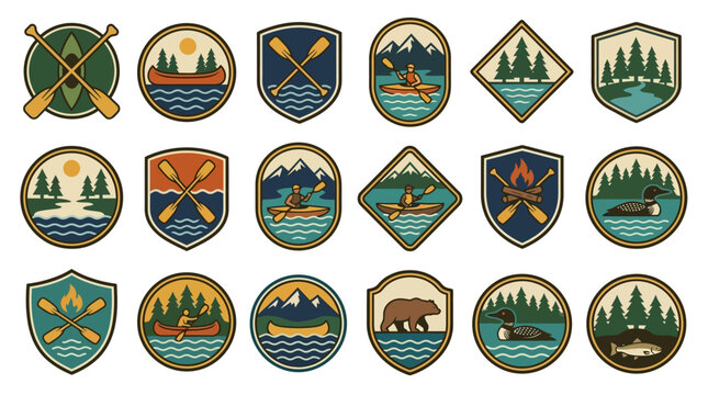 Retro Lake Camp Badges Asset Sheet Illustrating Vintage Kayaking and Canoeing Icons in Oval Frames Intended for Textless Water Sports Logo Mockups