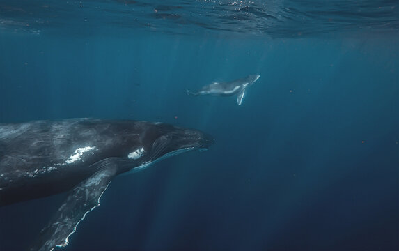 Underwater shot of humpback whale family swimming in the open oc