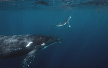 Obraz premium Mother and baby humpback whale swimming underwater in the deep b