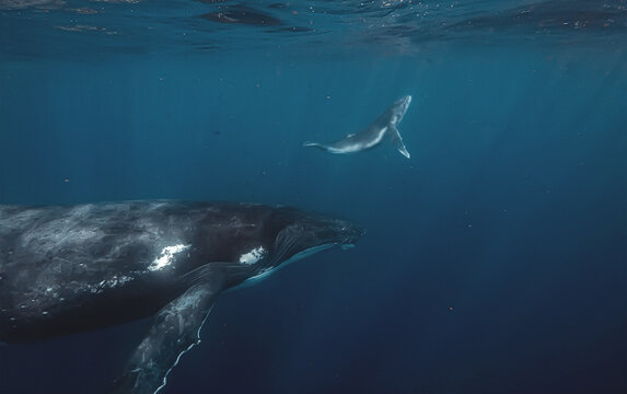 Mother and baby humpback whale swimming underwater in the deep b