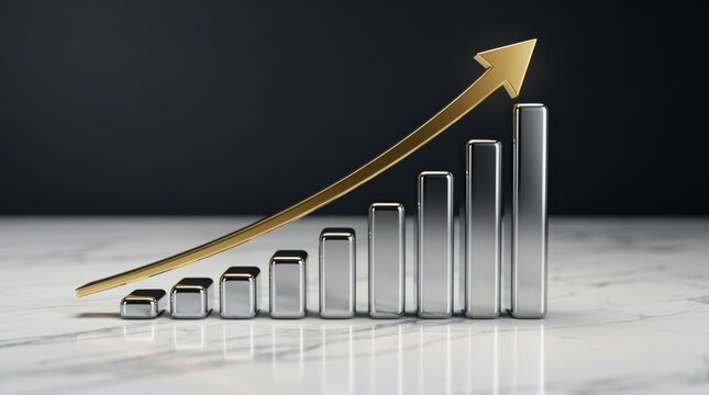 A 3D bar chart with metallic silver bars increasing in height from left to right, topped by a rising golden arrow symbolizing growth or success.