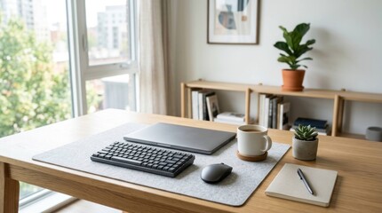 Fototapeta premium Modern Home Office Setup with Laptop and Coffee on Wooden Desk by Window.