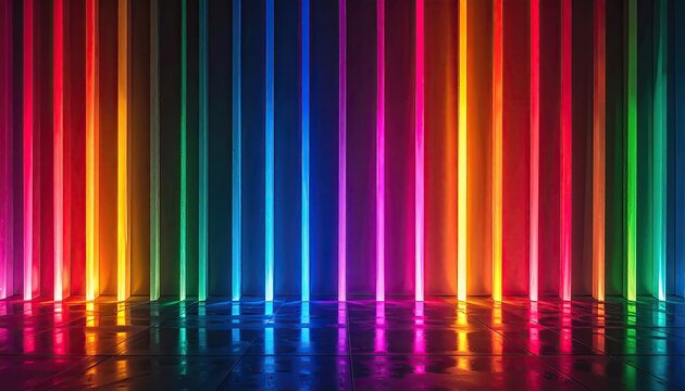 Vibrant Rainbow Neon Lights Abstract Background with Reflections.