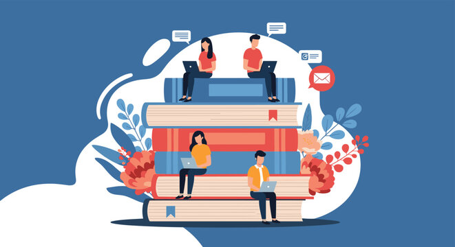 Conceptual illustration of remote workers or students using laptops while sitting on a large stack of books for modern online education themes.