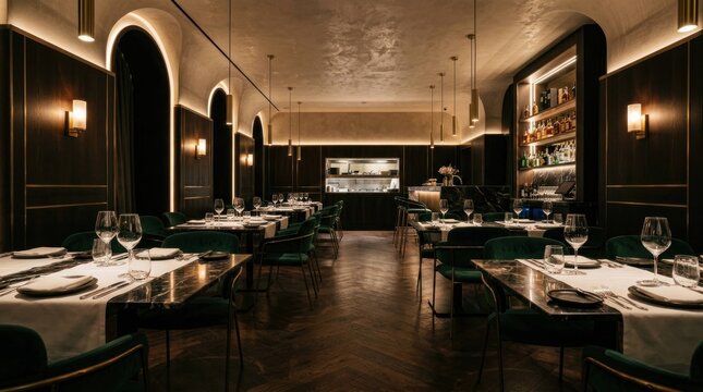 Elegant Fine Dining Restaurant Interior with Modern Decor and Set Tables.