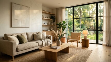 Fototapeta premium Modern Living Room with Large Window Overlooking Lush Green Garden.