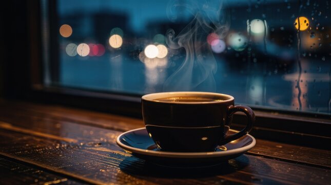 A steaming cup of coffee sits on a wooden table by a rainy window with blurred city lights in the background at dusk.