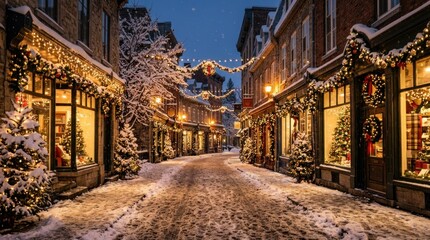 Fototapeta premium Charming Snow-Covered Street with Festive Christmas Lights and Decorations at Dusk.
