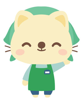 エプロン姿の猫店員のイラスト（案内）　働く　動物