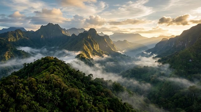 Stunning aerial view of green mountains and limestone hills at sunrise with morning fog and mist in a tropical valley