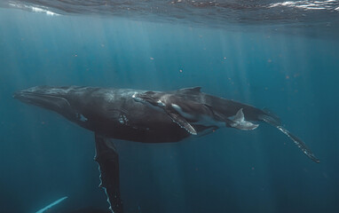 Fototapeta premium A close-up underwater view of a humpback whale mother and her calf swimming together. The image highlights the texture of their skin and the vastness of the blue ocean surrounding them as they glide.