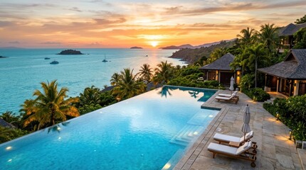 Fototapeta premium Luxury infinity pool at a tropical resort overlooking the ocean at sunset.