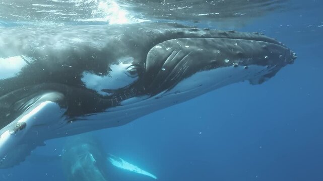 Observe the incredible grace of a humpback whale as it swims through the vibrant waters of the Pacific ocean, showcasing its massive size and unique patterns in mesmerizing slow motion.