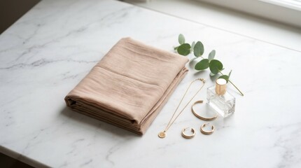 Fototapeta premium Elegant Spa Essentials - Folded Towel, Eucalyptus, and Essential Oils on Marble.