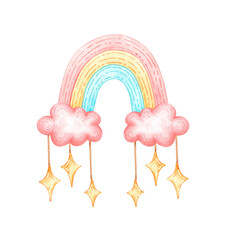 Obraz premium Rainbow in pink, yellow and blue with clouds and hanging stars, watercolor isolated from background. For dreamy nursery decor, fantasy birthday invites, baby shower and storybook illustrations.