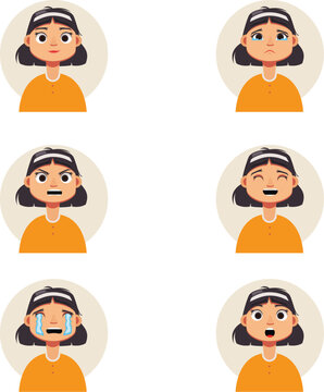 Girl character expression set with short black hair and white headband showing different facial emotions vector illustration