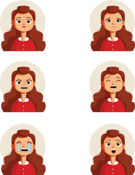 Girl character expression set with long wavy brown hair and red shirt showing different facial emotions vector illustration