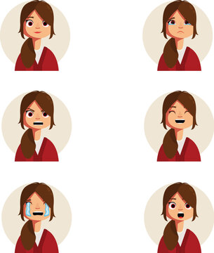 Girl character expression set with brown ponytail hair and shirt showing different facial emotions vector illustration