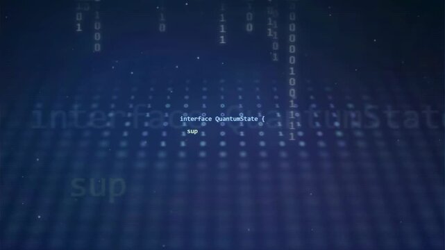 Abstract Digital Data Stream with Quantum Computing Code and Binary Numbers on Dark Blue Background