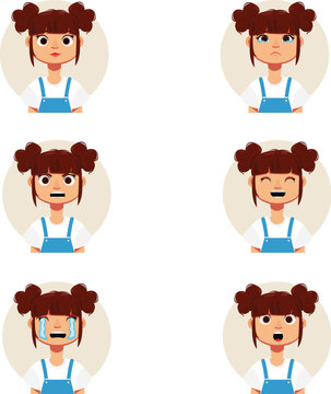 Girl character expression set with double bun brown hair and blue overalls showing different facial emotions vector illustration