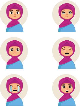 Girl character expression set wearing purple headscarf showing different facial emotions vector illustration
