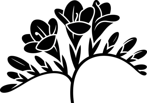 Stylized black silhouette of a freesia flower branch with blooming buds and leaves on a white background