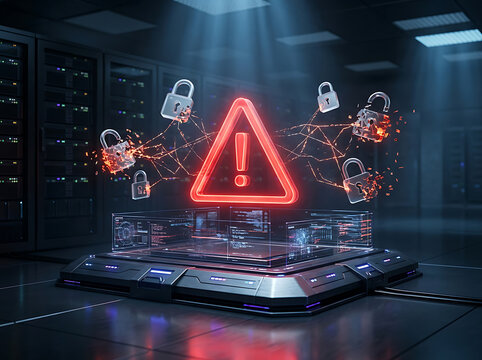 Cybersecurity breach concept with broken digital padlocks and warning sign