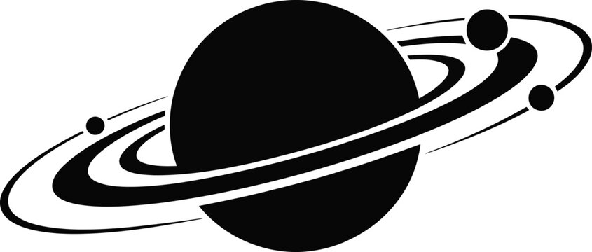 Stylized black silhouette of a ringed planet with three small moons orbiting on a white background