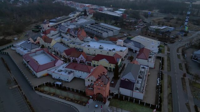 large shopping village outlet center complex, winter. Lovely aerial view drone