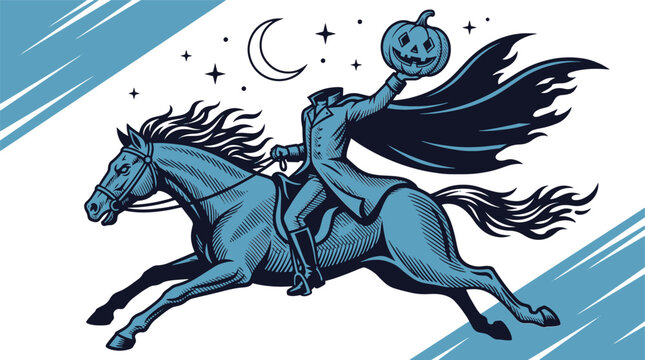 Headless horseman riding on a horse and holding up a jack o'lantern under crescent moon and stars at night.