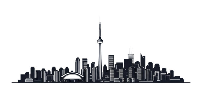 A deep matte black vector silhouette of the iconic toronto skyline with 'toronto' text below, featuring the cn tower and modern skyscrapers against a white background, concept of travel and minimal