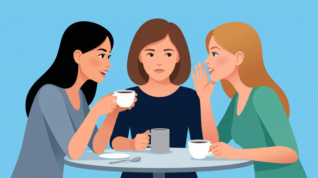 Three Women Gossiping Over Coffee at Cafe Table