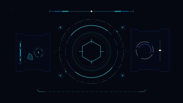 Blue futuristic HUD interface with rotating circular gauges and digital icons on black background for sci-fi tech visuals